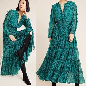 MISA Hadeya Emerald Green Snake Long Sleeve Maxi Dress M